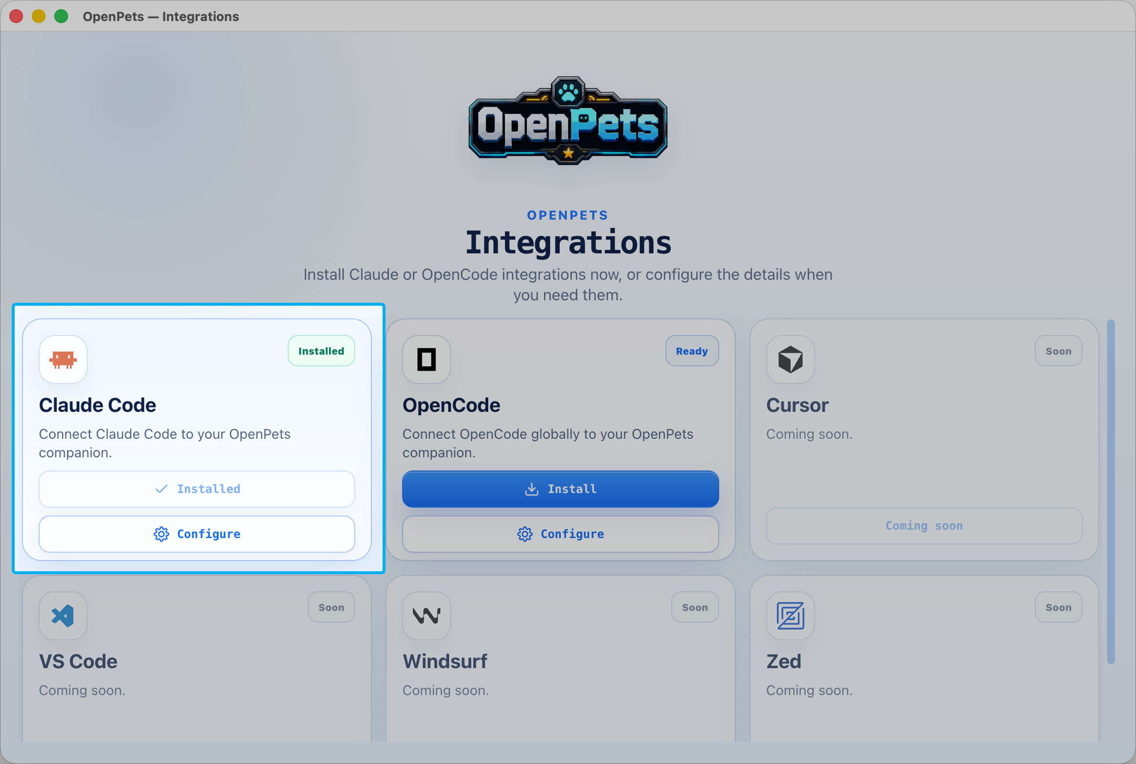 OpenPets Integrations window showing the Claude Code card installed alongside other editor integration cards.