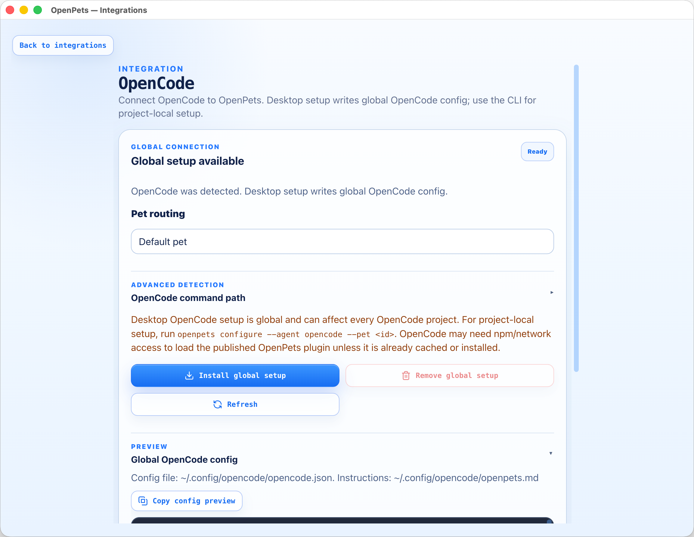 OpenCode setup detail screen showing global setup status, pet routing, advanced detection, install and remove buttons, and config preview.